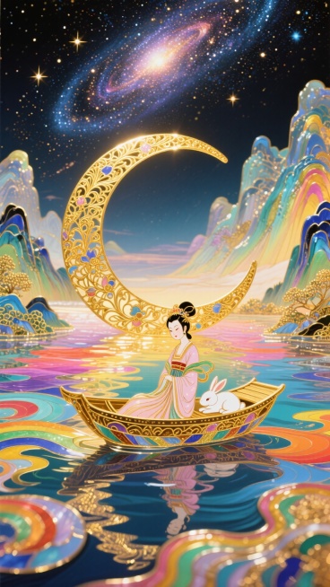 非遗珐琅工艺风格，画面上方是灿烂的宇宙星河，画面下方是五彩斑斓的江水，江水两岸是山峦，江水中间是一弯月亮船，月亮船上有仙气飘飘的嫦娥，嫦娥在整体画面的中心，玉兔在月亮船上安稳得睡着，整体是金灿灿的暖色预览效果