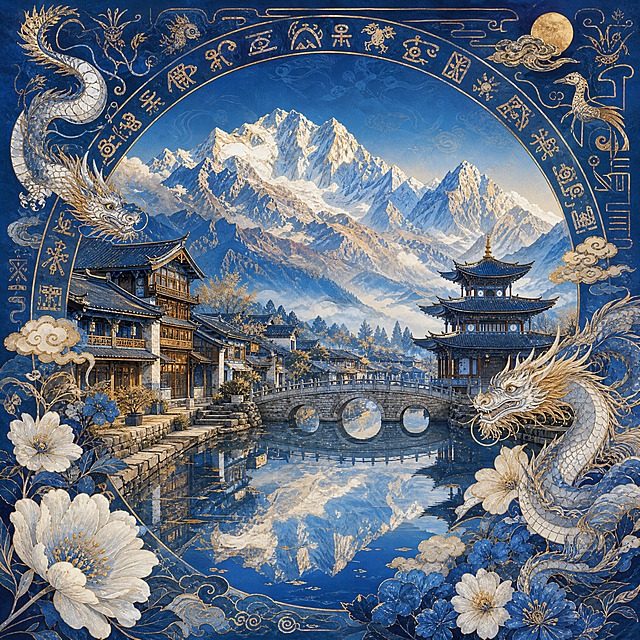 国潮风景插画，纳西族主题，丽江古城水系纵横，青石板路和小桥流水，纳西民居的木构建筑鳞次栉比，玉龙雪山在远处闪耀，东巴象形文字纹样化作装饰图案环绕，黑龙潭倒映着雪山和古建，周围有玉龙、杜鹃花装饰，背景是雪山蓝渐变，画面中无人物无文字，国潮风格，蓝白金配色，古朴浪漫