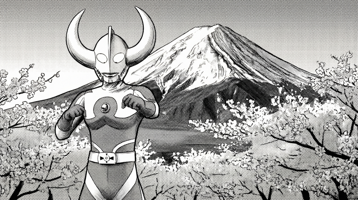 将这张奥特曼图片转换为16:9黑白漫画风格，背景改为富士山樱花场景，保持人物主体造型不变，转换出漫画线条和黑白网点质感预览效果