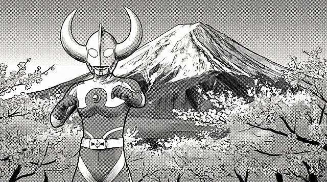 将这张奥特曼图片转换为16:9黑白漫画风格，背景改为富士山樱花场景，保持人物主体造型不变，转换出漫画线条和黑白网点质感