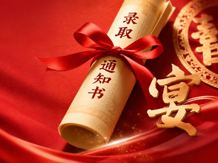 移除图片右下角的时间小字和底部的姓名文字信息，保持原图红色喜庆高级质感，保持录取通知书和大字元素不变，整体风格统一预览效果