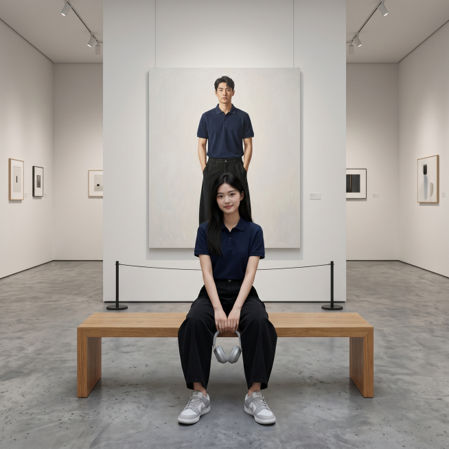 现代极简艺术展厅场景。浅白墙面搭配冷灰色水泥地面，轨道射灯营造柔和均匀的布光。展厅中央，一位清冷气质的18岁东亚年轻女生端坐于长木凳上，她留着黑长直发型，身穿商务款polo衫，下身搭配图1的黑色阔腿弯预览效果