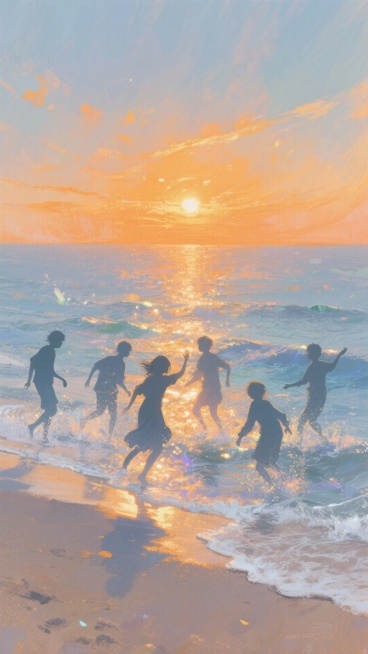 一群在海边嬉戏的伙伴，人物位于画面中央，海水和天空占据大部分空间，露出一部分沙滩，橘黄色夕阳映照出剪影效果。斑驳梦幻光影，呼吸感，梦核，流光溢彩，极致光影美学预览效果