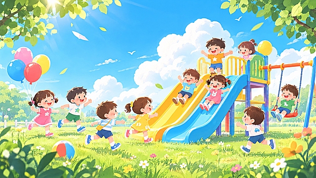 参考图风格，重新生成高清儿童游乐园场景插画，扁平化卡通风格，色彩明亮清新，蓝天白云草地，多个可爱小朋友在滑梯上玩耍、在草地上奔跑嬉戏，彩色气球，秋千，树叶前景，阳光明媚，温馨欢乐的儿童节氛围，细节丰富，画质高清细腻