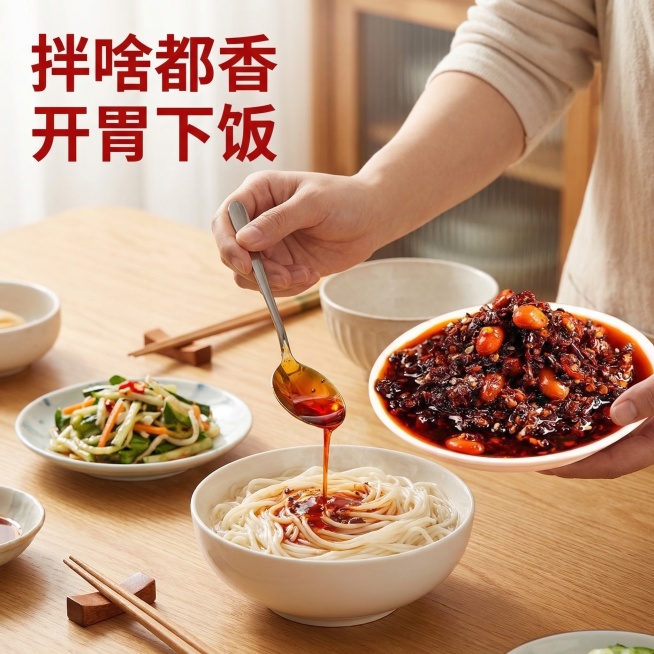 [主图4：鲜花椒辣椒油食用场景图] 主图主题：鲜花椒辣椒油食用场景图；氛围/风格：家常烟火风，暖调自然光，真实接地气；画面元素：用户上传的鲜花椒辣椒油产品碗放置在餐桌一侧，桌面上摆放一碗刚煮好的白面、预览效果
