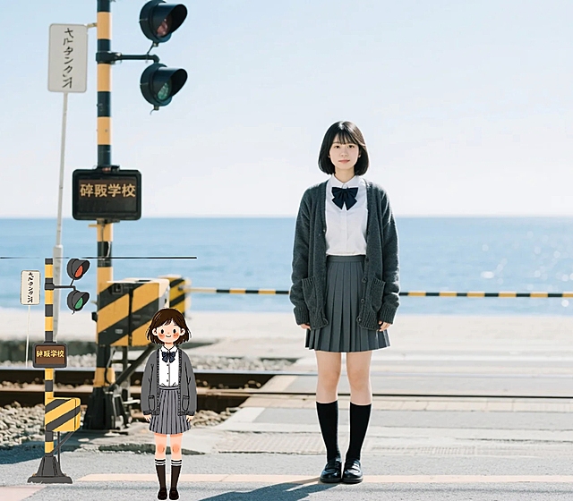 清新实景与动漫微缩艺术结合，少女校服造型，海边铁轨旁的青春记忆。