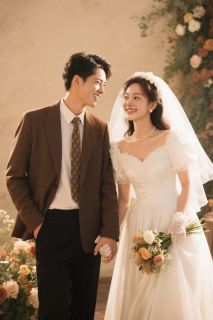 婚纱照拍摄，80年代复古妆容，一对年轻的新娘新郎牵手对着镜头微笑，男生左边，女生右边，照片呈暖色调，人物周围光线柔和，全身拍摄，背景有花束装饰，超写实，高清拍摄预览效果