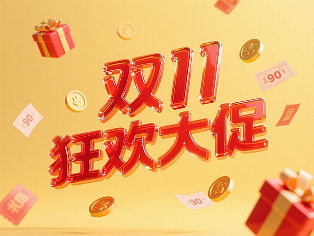 红色玻璃艺术字"双11 狂欢大促"。周围漂浮点缀礼盒、优惠券、金币等促销元素，线条流畅，暖黄色背景，高纯度配色。