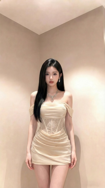 将图三人物替换为图一图二的米白色露肩蕾丝拼接缎面短裙穿搭，去掉包包，双手自然下垂，调整为模特般纤细腰肢和好身材比例，保留图三人物的头部和发型，将背景替换为图四的室内场景，呈现半身画面预览效果