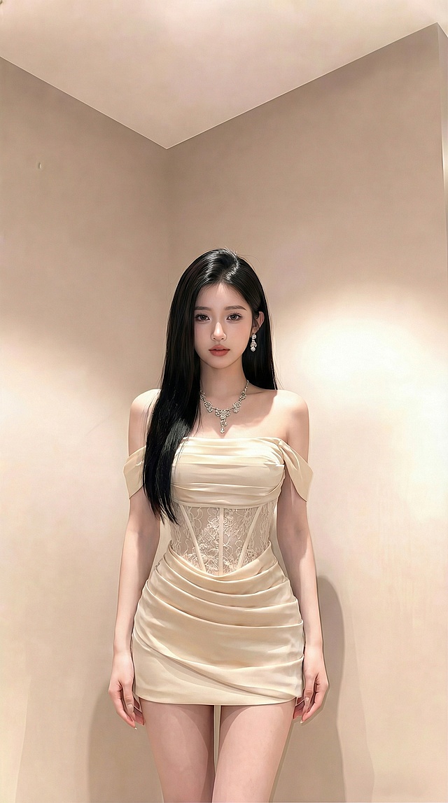 将图三人物替换为图一图二的米白色露肩蕾丝拼接缎面短裙穿搭，去掉包包，双手自然下垂，调整为模特般纤细腰肢和好身材比例，保留图三人物的头部和发型，将背景替换为图四的室内场景，呈现半身画面