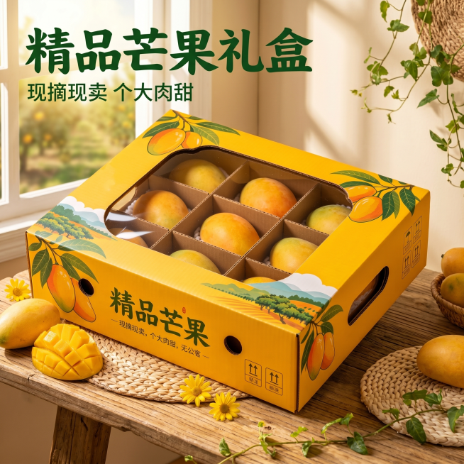 [主图1] 精品芒果礼盒温馨乡村田园治愈风首图，商业摄影质感，光线柔和通透，产品清晰真实画面干净高级。元素：精品芒果礼盒放置在木质乡村餐桌上，周围点缀新鲜芒果、田园风编织餐垫、浅黄小雏菊与绿色藤蔓，背预览效果