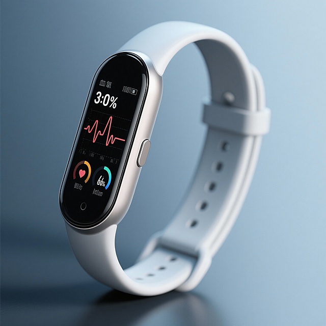 帮我生成智能手环的产品概念图。智能手环产品概念图提示词：

外观描述：
一款极简风格的智能手环，采用一体成型曲面设计，机身纤薄轻巧。表带为亲肤硅胶材质，贴合手腕曲线，颜色为深空灰或雾面银。屏幕为高清OLED弧形显示屏，边缘圆润过渡至边框，息屏状态下呈现纯黑质感。屏幕显示简洁的数据界面，如心率波形、血氧百分比、睡眠阶段图表，以及步数、能量消耗等运动信息。侧边设有一枚低调的金属材质触控按键，整体无冗余装饰，线条流畅干净。

背景描述：
背景为柔和的单色渐变空间，采用浅灰至深灰的渐变色，或低饱和度的莫兰迪色调（如灰蓝、米白）。光线为柔光散射效果，从侧上方自然洒落，在手环表面形成轻微的高光与渐变阴影，突出产品的材质与轮廓。画面中无任何文字、图标或其他干扰元素，保持纯粹、静谧的高级感，营造专注健康与科技感的氛围。