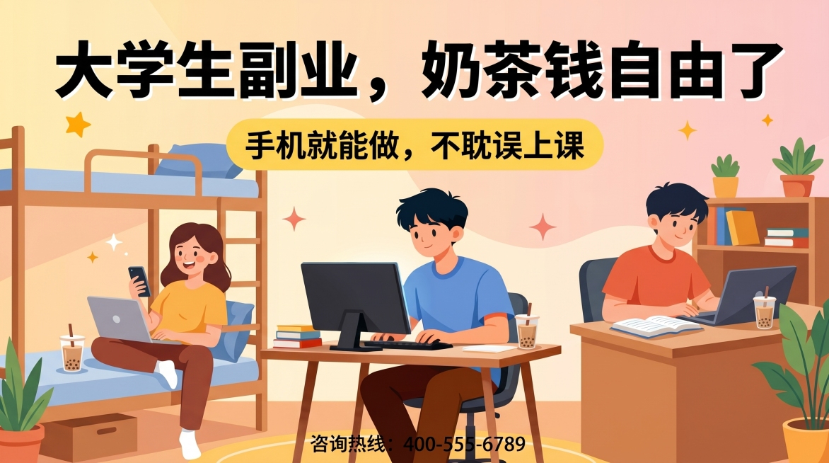 参考上传图片的扁平插画风格，设计只针对学生群体的招商兼职广告海报，主标题“大学生副业，奶茶钱自由了”，副标题“手机就能做，不耽误上课”，保留扁平插画风格，绘制大学生宿舍兼职场景，暖色调，尺寸1280*预览效果