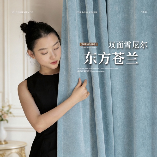 不改变窗帘的面料材质，切换不同的家装场景（最好是轻法式，欧式，复古风），改变角度，保留文字，一次生成4张；预览效果