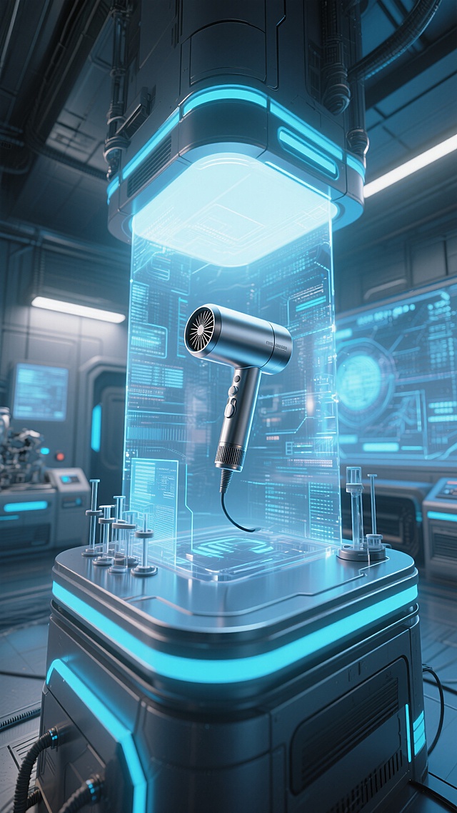 未来实验室场景，蓝色科技灯光环绕，吹风机悬浮在透明实验台上，低角度视角，金属哑光质感，背景有全息数据流