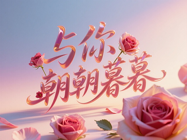 文字"与你 朝朝暮暮"，线条流畅，手写，玫瑰花瓣艺术字。创意字体设计点缀花朵元素。渐变背景，浪漫七夕氛围。