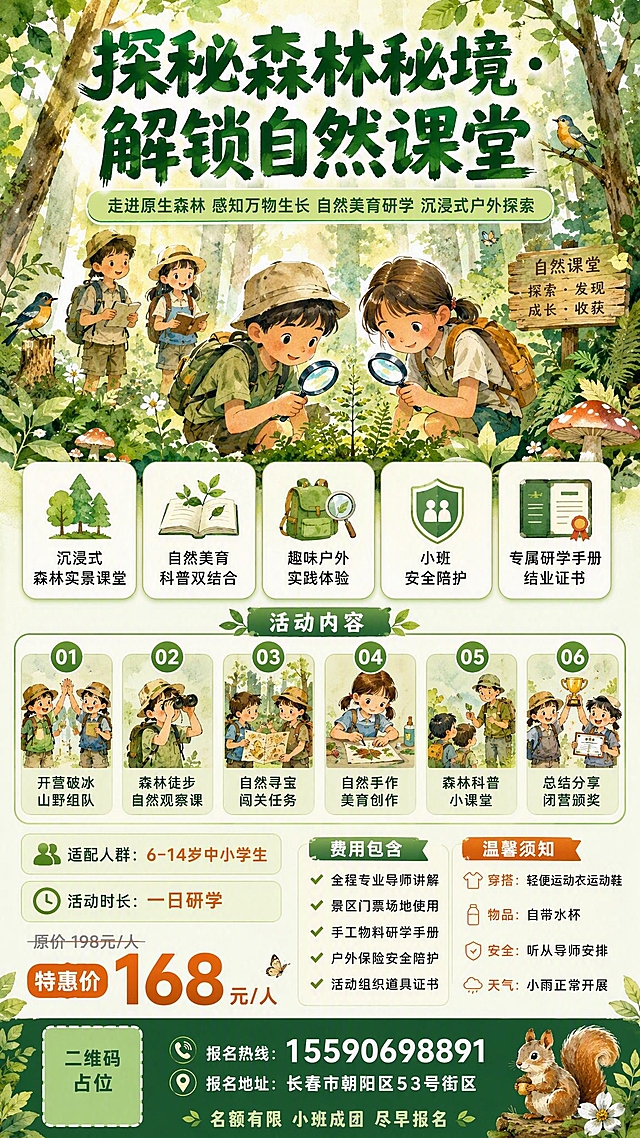 森林自然研学招生海报，竖版9:16，手绘水彩插画风格，清新自然森系氛围。画面顶部是超大主标题"探秘森林秘境 · 解锁自然课堂"，粗体艺术字，深绿色渐变。主标题下方是副标题"走进原生森林 感知万物生长 自然美育研学 沉浸式户外探索"，浅绿底圆角标签承载。画面中上部是主视觉插画：郁郁葱葱的森林场景，阳光透过树叶洒下光斑，孩子们在林间观察植物、手持放大镜，生动活泼，树木、蘑菇、小鸟等自然元素点缀。中部是研学核心亮点区，5个圆角白底卡片，每个配小图标+文字："沉浸式森林实景课堂"、"自然美育科普双结合"、"趣味户外实践体验"、"小班安全陪护"、"专属研学手册结业证书"。中部偏下是活动内容区，6个编号模块（01-06），浅绿色圆角卡片承载：01"开营破冰山野组队"、02"森林徒步自然观察课"、03"自然寻宝闯关任务"、04"自然手作美育创作"、05"森林科普小课堂"、06"总结分享闭营颁奖"。再下方是信息区："适配人群：6-14岁中小学生"、"活动时长：一日研学"。费用包含5条对勾列表："全程专业导师讲解"、"景区门票场地使用"、"手工物料研学手册"、"户外保险安全陪护"、"活动组织道具证书"。下部是价格区，特惠价超大字号"特惠价 168元/人"，上方灰色划线"原价 198元/人"。温馨须知4条："穿搭：轻便运动衣运动鞋"、"物品：自带水杯"、"安全：听从导师安排"、"天气：小雨正常开展"。底部报名底栏，深绿色背景，左侧二维码占位符（纯色方块标注"二维码占位"），右侧"报名热线：15590698891"、"报名地址：长春市朝阳区53号街区"，底部"名额有限 小班成团 尽早报名"。整体配色森林绿、草木绿、米白、暖橙点缀，清新自然，排版精美，信息完整。所有数字精确渲染，不得错位遗漏。二维码用纯色方块占位，严禁生成可识别二维码。所有信息区域填充完整内容，无空白框、空列表项。