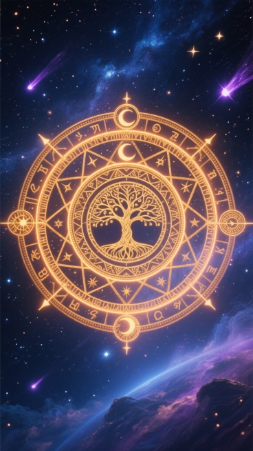 一个巨大而复杂的金色魔法阵悬浮在深邃的宇宙星空中，魔法阵由多层同心圆组成，每层都有精细的符文、几何图案、星月符号和神秘花纹，中心是一个带有生命之树图案的圆形结构，周围环绕着发光的圆环和指针，整个魔法阵散发着温暖的橙金色光芒，光芒向四周扩散出淡淡的光晕，背景是深蓝色的星空，点缀着闪烁的星星、星云和紫色的流星，营造出神秘而梦幻的宇宙魔法氛围。预览效果