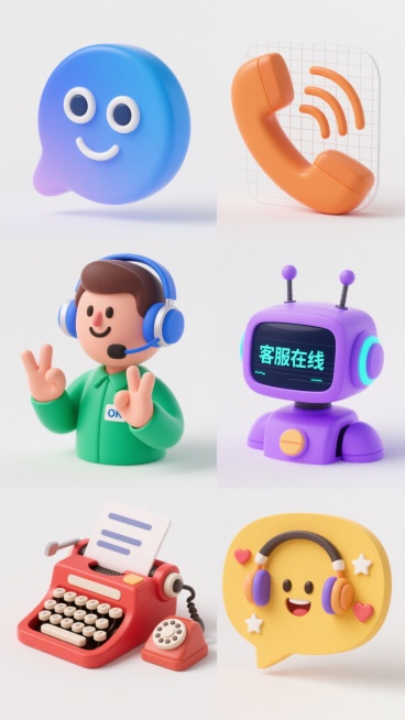 六个排列整齐的客服主题图标，每个图标外观、色彩、风格和元素各不相同。第一个是蓝色渐变3D卡通风格的对话气泡形状，戴着蓝色耳机和麦克风，有微笑的圆形眼睛和弧线嘴巴；第二个是橙色扁平化设计的电话听筒造型，听筒上有波浪线代表声音，背景有网格纹理；第三个是绿色手绘风格的人形客服，戴着耳麦，双手比出“OK”手势，表情亲切；第四个是紫色科技感十足的机器人头部，带有天线和显示屏，显示屏上显示“客服在线”字样……预览效果