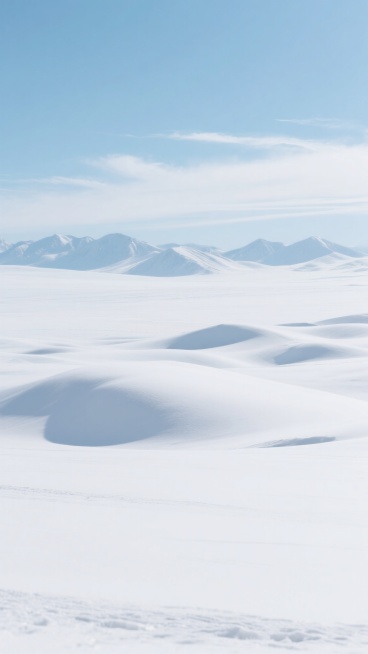 超高清摄影风格的纯净雪地背景，广阔无垠的白色雪原覆盖着柔和起伏的丘陵，远处是轮廓舒缓的雪山，整体画面以大面积纯净的白色为主调，搭配清澈的浅蓝色天空，天空中点缀着几缕轻薄的白色云彩，光线明亮柔和，雪地表面有细腻自然的纹理和轻微的阴影变化，营造出宁静、空旷、干净的氛围，适合作为简洁背景使用。预览效果