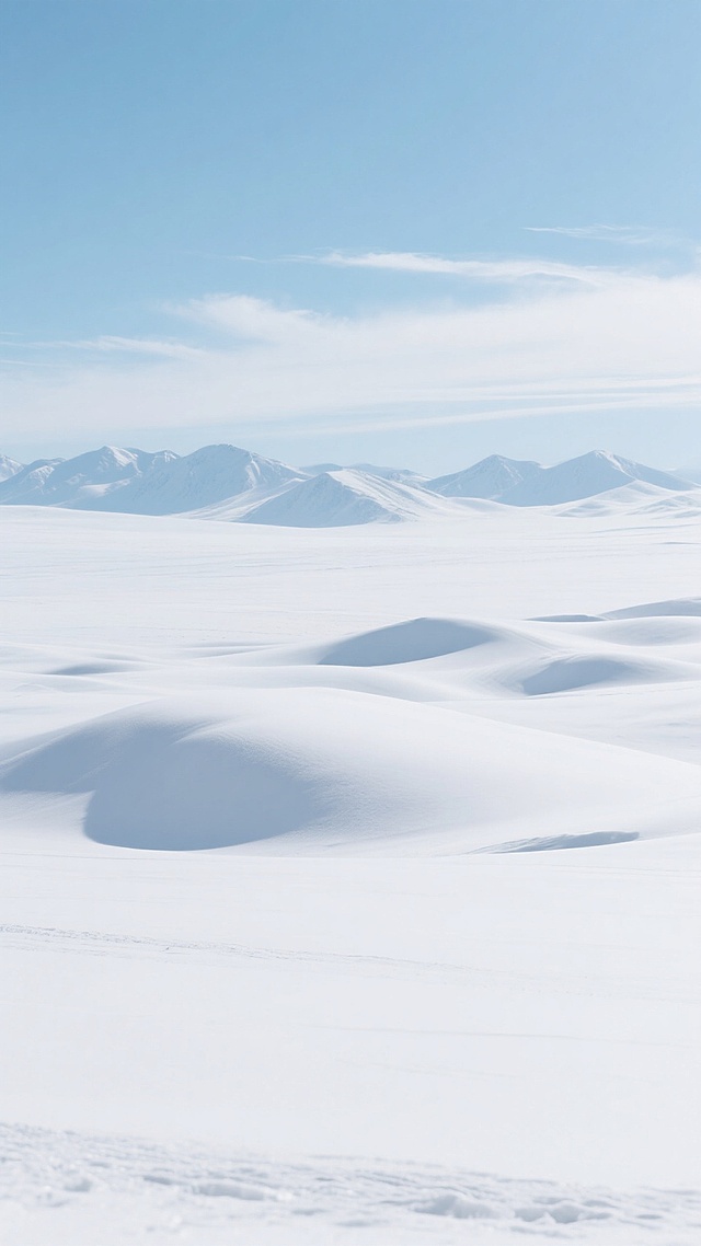 超高清摄影风格的纯净雪地背景，广阔无垠的白色雪原覆盖着柔和起伏的丘陵，远处是轮廓舒缓的雪山，整体画面以大面积纯净的白色为主调，搭配清澈的浅蓝色天空，天空中点缀着几缕轻薄的白色云彩，光线明亮柔和，雪地表面有细腻自然的纹理和轻微的阴影变化，营造出宁静、空旷、干净的氛围，适合作为简洁背景使用。