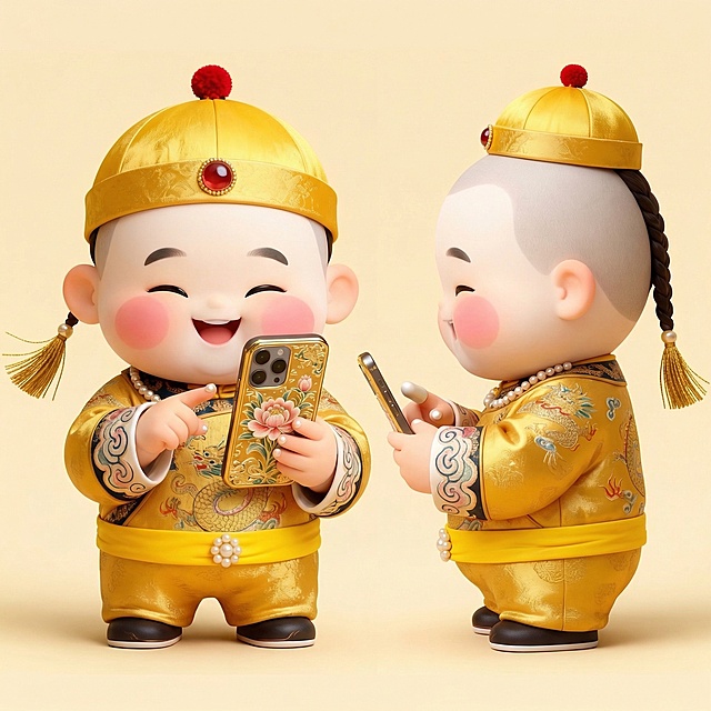 参考参考图的粘土风格、服装龙纹祥云珍珠刺绣细节，分别生成正面和侧面两个角度的Q版粘土乾隆皇帝：头戴缀着红绒结顶的金黄色小帽，帽檐镶着一颗圆润的东珠，大脑门光洁锃亮，剃得溜圆的脑勺后垂着细长的辫子，辫梢系着金线编的小穗子，一张白胖圆脸，短促卧蚕眉下眯成缝的眼睛笑盈盈盯着手机屏，苹果肌两团胭脂色，身穿金黄色吉服袍保留原衣服刺绣细节，圆滚滚矮冬瓜身材，龙袍下摆遮住小短腿，明黄腰带勒出圆鼓鼓肚子，左手托鎏金珐琅带花卉刺绣手机壳的智能机，右手翘兰花指戳屏幕，指甲套带细碎米珠，马蹄袖搭在手机边缘，袖口保留原祥云刺绣，整体为Q版可爱粘土风格，质感软萌立体。