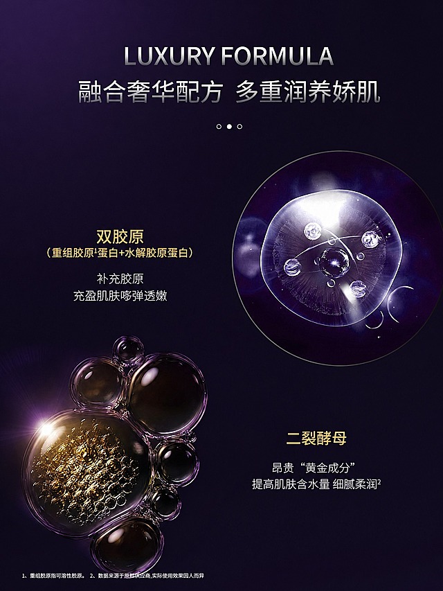 将这张双胶原+二裂酵母成分图调整为标准3:4竖版比例高清图片，保持原图所有元素的相对位置和布局结构不变（顶部英文LUXURY FORMULA、中文大标题、右侧圆形双胶原分子图+左侧文字、左下金色二裂酵母气泡群+右下文字、底部注释小字全部保留位置关系），整体画面等比例适配3:4画布，背景深紫色渐变自然延伸填满画布，确保所有元素完整不裁切，画质高清锐利。