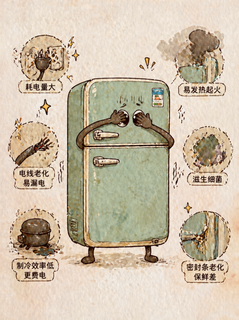 在冰箱周围增加超期使用老家电的危害元素，把冰箱动作改成尴尬捂脸的姿势，和前面家电姿势都不一样，保持原有复古水彩风格，去掉嘴巴只留眼睛，保持原图比例预览效果