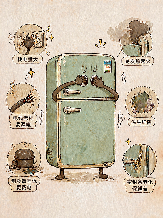 在冰箱周围增加超期使用老家电的危害元素，把冰箱动作改成尴尬捂脸的姿势，和前面家电姿势都不一样，保持原有复古水彩风格，去掉嘴巴只留眼睛，保持原图比例