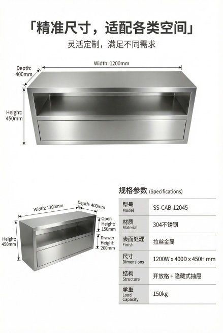 2:3竖屏，严格还原上传的不锈钢储物柜产品图，包括金属拉丝质感、开放式储物格、隐藏式抽屉等所有细节，产品外观必须与参考图完全一致，不得改变包装设计、配色方案或结构元素，保持不锈钢的真实高光金属质感。尺预览效果