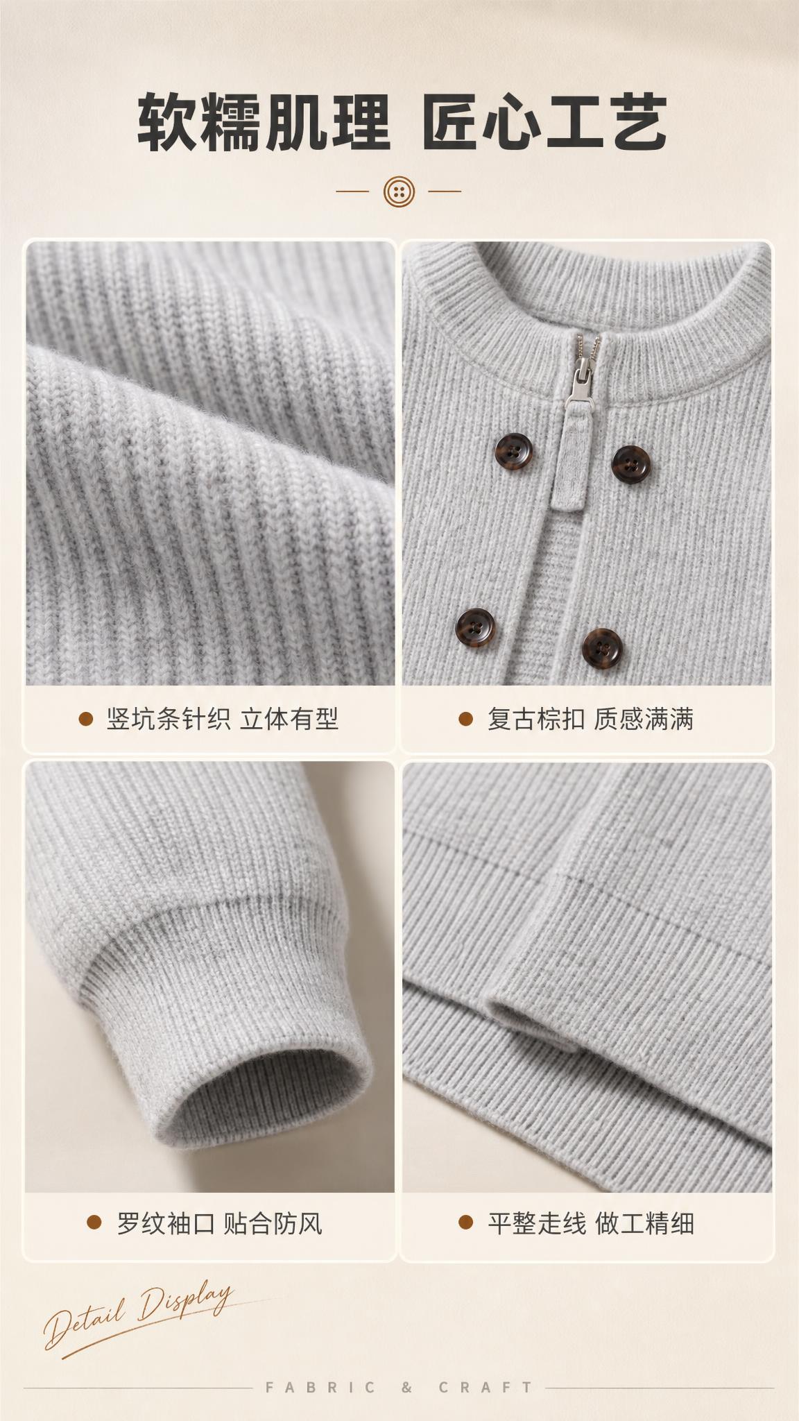 [商品] 使用【图1】浅花灰色双排扣半拉链针织开衫；商品处理：… - 图片创意预览