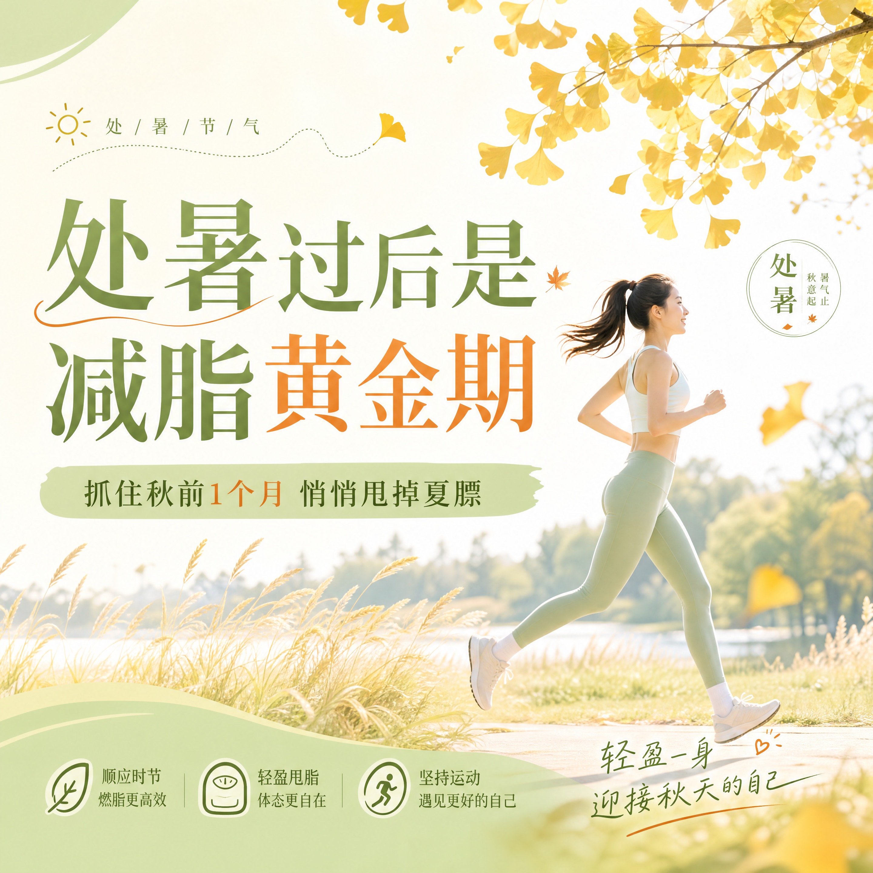 公众号次条封面，清新风格，处暑减脂主题，画面包含秋日清爽元素如… - 图片创意预览