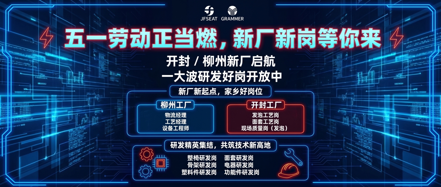 基于原图内容提取制作一张公众号首图，保留标题'五一劳动正当燃，新厂新岗等你来'和核心的新厂招聘信息，赛博霓虹风格，科技感蓝色调，构图简洁突出标题，适合公众号封面展示预览效果
