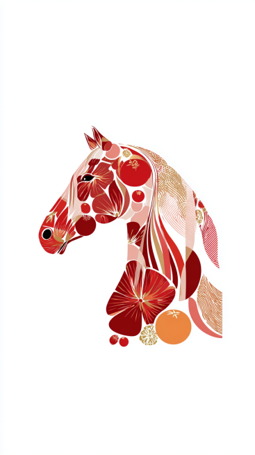 简约扁平矢量风，核心设计： 极简、风格化的马侧影，由曲线和形状构成。
元素融合： 与橘子、鞭炮、中国结等新年图标巧妙结合。
风格与用途： 扁平矢量设计，干净几何，红白金配色，明确适合现代海报、Logo预览效果