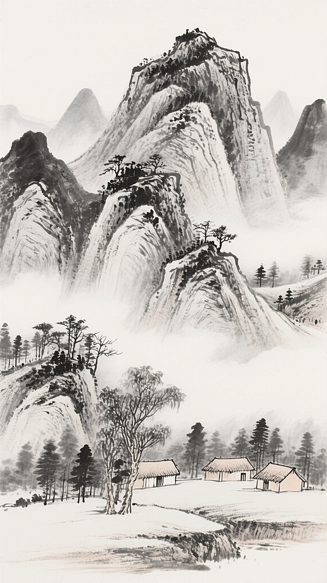 中国传统水墨山水画风格，以细腻的线条勾勒与墨色浓淡变化表现层叠山峦，主峰巍峨耸立，山石纹理清晰，山间点缀稀疏树木，山脚平缓处有几间古朴茅屋掩映于林木间，远山云雾缭绕，整体画面留白充足，营造出空灵悠远、宁静淡泊的意境，墨色层次丰富，笔触温润，呈现出典型的文人画韵味，构图深远，近景、中景、远景层次分明，以黑白灰三色构建和谐的山水景致。