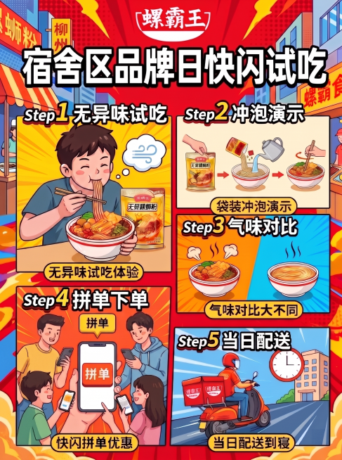 保留整张海报所有其他内容、布局和整体风格不变，仅修改“无异味试吃”和“拼单下单”两个板块中人物的衣服，将原运动校服替换为日常休闲常服，保持画风一致。预览效果