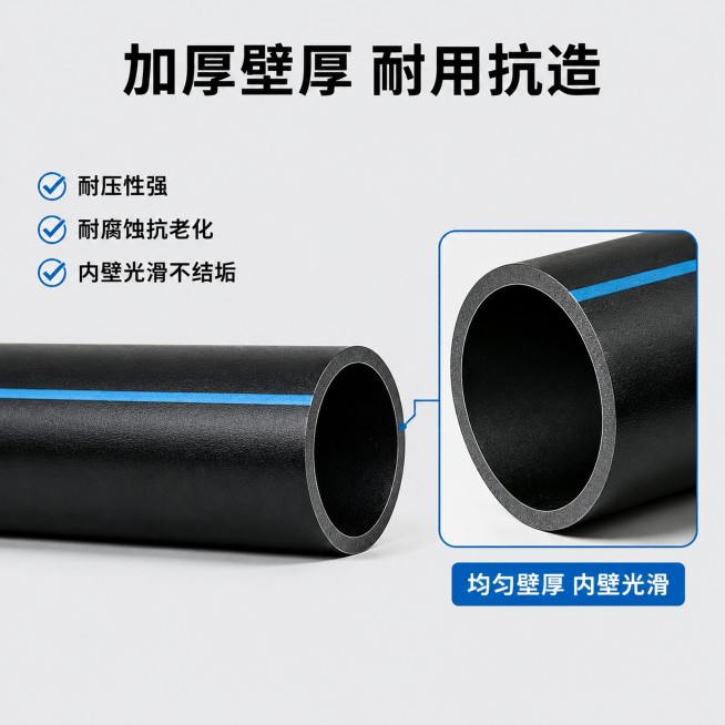 [主图-2] 结构剖面图-PE管材核心优势展示。[氛围风格] 专业通透细节展示风。[画质] 商业摄影质感、光线均匀通透、产品清晰真实、画面干净高级。[元素] 单根PE管横向居中放置，右侧增加局部放大剖预览效果