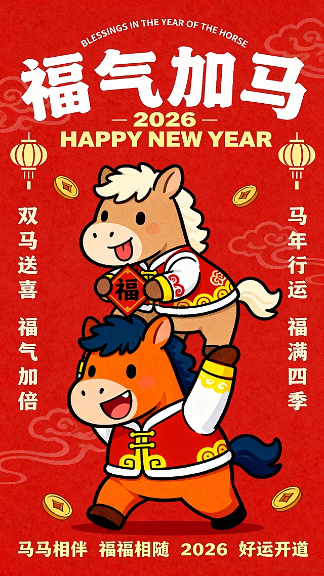 拟人的马，和人一样双脚站立，正面，童趣手绘风格新年插画，平涂色彩，以高饱和度正红色为背景，点缀祥云纹样与钱币图案，画面主体是两只叠放的Q版拟人的马，下方是体型较大的橙色拟人马，搭配深蓝色的鬃毛，大笑，红白黄色新年衣服装饰有黄色 吉祥纹样，举着上方的马；上方是一只浅棕色的拟人马，双手拿着福字，搭配米白色的鬃毛，吐舌头，穿红白黄新年服装有国风纹样，顶部是可爱的白色艺术字体主标题「福气加马」，中间一行加浅黄色艺术字副标题 “2026 HAPPY NEW YEAR”，最上方上方还有弧形排列的小字 “BLESSINGS IN THE YEAR OF THE HORSE”。画面左右两侧是竖排米色小字吉祥语：“双马送喜 福气加倍” 与 “马年行运 福满四季”（左右竖排文字中间各点缀一个灯笼图形）。底部一行浅黄很小字是 “马马相伴 福福相随 2026 好运开道”