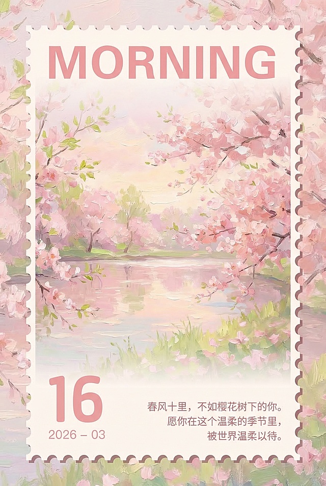 梦幻感水彩风插画，樱花湖畔柔美绽放，手账风边框点缀，春日浪漫气息扑面而来。