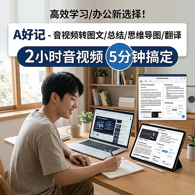 符合闲鱼规则的工具宣传图，主体是A好记工具介绍，画面简洁接地气，突出“2小时音视频5分钟学习”“音视频转图文、总结、思维导图与翻译”核心功能，搭配轻松生活化的办公学习场景，添加文案“A好记 - 音视频转图文/总结/思维导图/翻译，2小时内容5分钟搞定，提升学习办公效率”