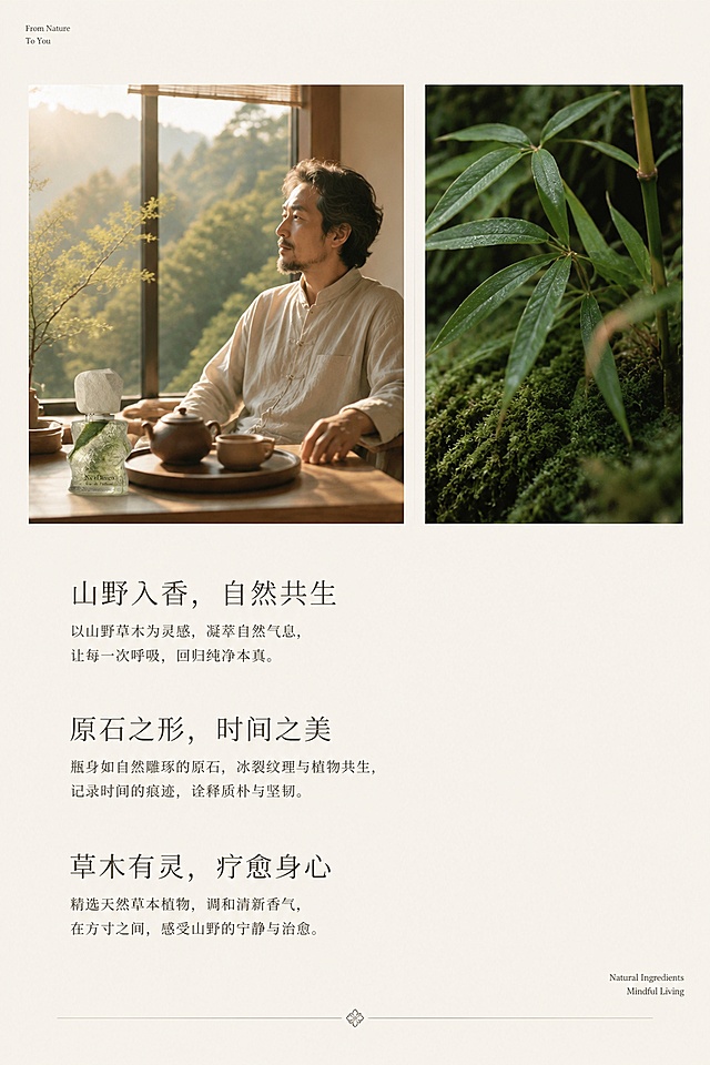 电商详情页第二屏，2:3竖版，纯净浅米白色背景，左右对称留白均衡。上半部分左右双栏构图：左栏是林间山野氛围感真人场景，中年男士静坐新中式茶室窗边，侧脸淡然放空，手轻搭原木桌面，茶盘上摆放紫砂茶具和本款原石冰裂纹香薰瓶，暖调柔和自然光，逆光拍摄，静谧治愈的居家松弛感；右栏是高清微距拍摄的竹叶、青苔、天然草本植物原料特写实拍，低饱和墨绿色调，与瓶内植物色调呼应。左右两栏中间用极细浅灰色竖线分割。下半部分通栏为大段正文文案区域，行间距宽松，细宋体字体，段落间距拉开，阅读舒适，角落点缀极小的英文衬线字体作为轻奢装饰，底部有模块分割线，整体简约高级调性，无多余弹窗与色块，图文穿插结构。
