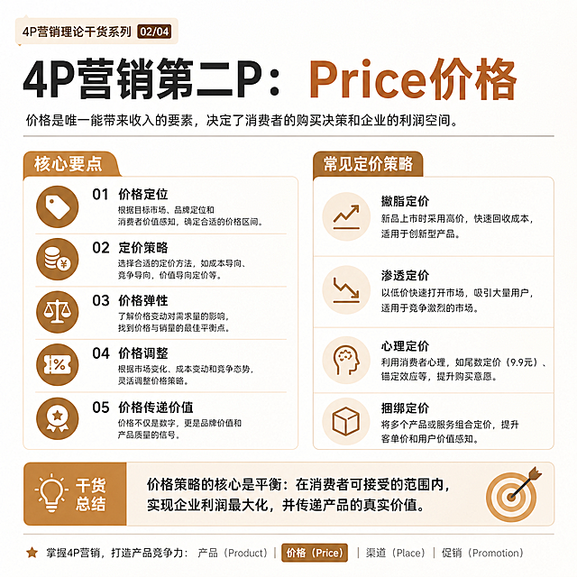 小红书营销干货知识海报，主题是"4P营销第二P：Price价格"，内容清晰展示价格板块的核心干货要点，简约清晰的图文排版，现代商务干货风格，1:1尺寸，文字醒目易读，背景干净简洁，和上一页产品页风格统一