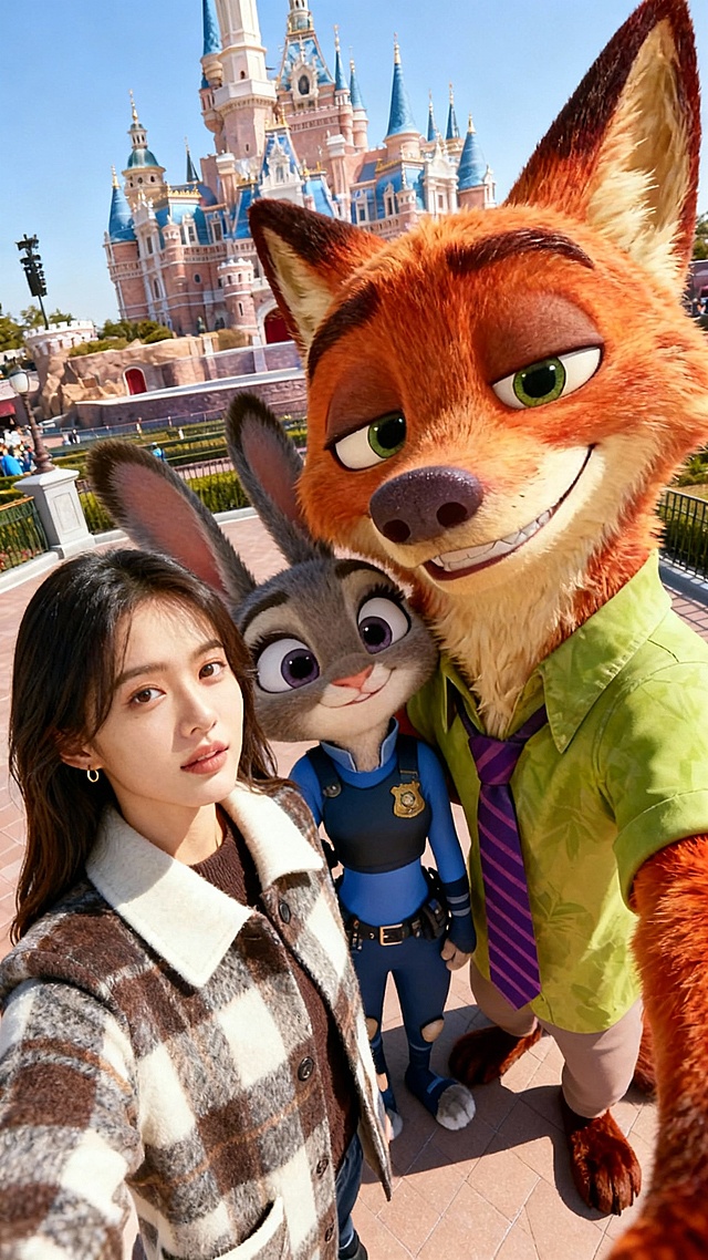 请将图1和图2的两个人物融合成一张俯拍自拍照，画面构图紧凑，主体靠得很近，头部略微上仰，眼神直视镜头，营造出强烈的视觉冲击力，背景为梦幻感城堡乐园。