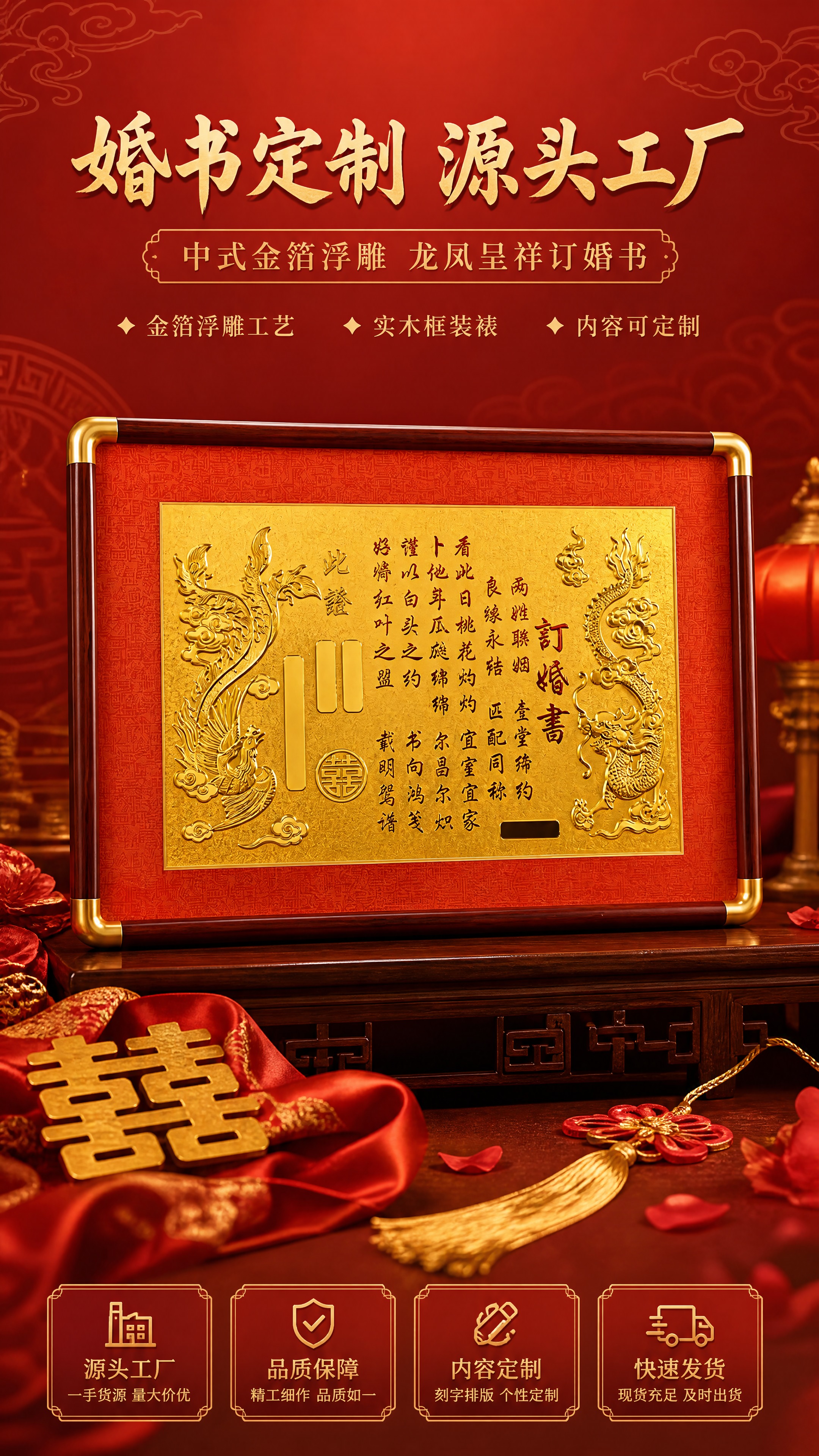 [商品] 使用【图1】中式金箔浮雕龙凤订婚婚书；保留深棕实木边… - 图片创意预览