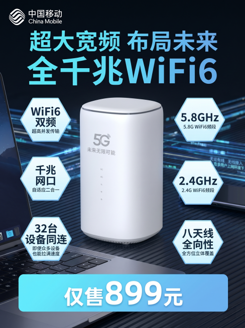 [主图-1] 中国移动全千兆WiFi6路由器促销首图
[氛围风格] 科技感深蓝数码产品宣传图，参考示例图的风格和版式，现代科技商务风
[画质] 商业摄影质感，光线柔和通透，产品清晰真实，画面干净高级预览效果