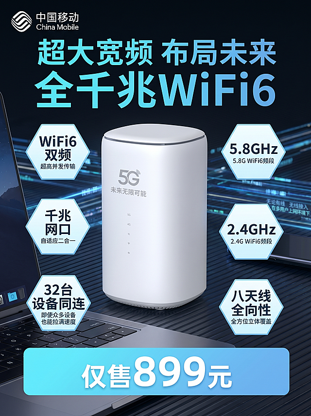 [主图-1] 中国移动全千兆WiFi6路由器促销首图
[氛围风格] 科技感深蓝数码产品宣传图，参考示例图的风格和版式，现代科技商务风
[画质] 商业摄影质感，光线柔和通透，产品清晰真实，画面干净高级
[元素] 左上角放置提取的中国移动LOGO，保持原LOGO的字形、配色和比例不变。白色圆柱形5G路由器产品居中放置，保持原产品外观（物理结构、材质质感、颜色）与输入产品图绝对一致，杜绝任何变形和色差，精细化处理。商品主体占比约60%。背景参考示例图为深色科技感纹理背景，搭配笔记本电脑局部衬托，让首图画面饱满有商业氛围。六个六边形卖点卡片环绕产品周围，和示例图布局一致。
[光影] 冷色主光从正面照射，产品边缘高光突出轮廓，背景深邃，整体光影对比清晰，突出产品质感，和示例图光影风格一致
[配色] 主色调深蓝色+白色，产品白色主体，背景深蓝色，文字为浅蓝色和白色，对比清晰，参考示例图配色
[视角构图] 平视视角，产品居中，景深适中，画面满屏无边框，上下各留出2公分留白
[文字版式] 顶部大标题"超大宽频 布局未来"浅蓝色，第二行大标题"全千兆WiFi6"更大浅蓝色加粗；六个六边形卖点卡片环绕产品，依次为：左上"WiFi6 双频\n超高并发传输"，左下"千兆网口\n自适应二合一"，最下"WiFi6+5.8GHz"，右下"八天线\n全向性\n全方位立体覆盖"，右中"2.4GHz\n2.4G WiFi6频段"，右上"5.8GHz\n5.8G WiFi6频段"，右上角说明文字"千兆自适应网口 支持100M 200M 500M 1000M宽带接入 无论有线无线接入 在多用户上网环境下 均可大幅改善每一位用户的平均传输率 大幅降低延时 稳定的速率更畅享极速网络"。底部价格区域通栏浅蓝色渐变，大字"仅售"白色，价格"899元"白色加大加粗。文字排版层级分明，不遮挡产品主体，和示例图文位保持一致
[比例分辨率] 3:4比例，2k分辨率，文字清晰可辨，超高清
[负向提示词] 变形，水印，文字错乱，产品图模糊，背景杂乱，遮挡主体