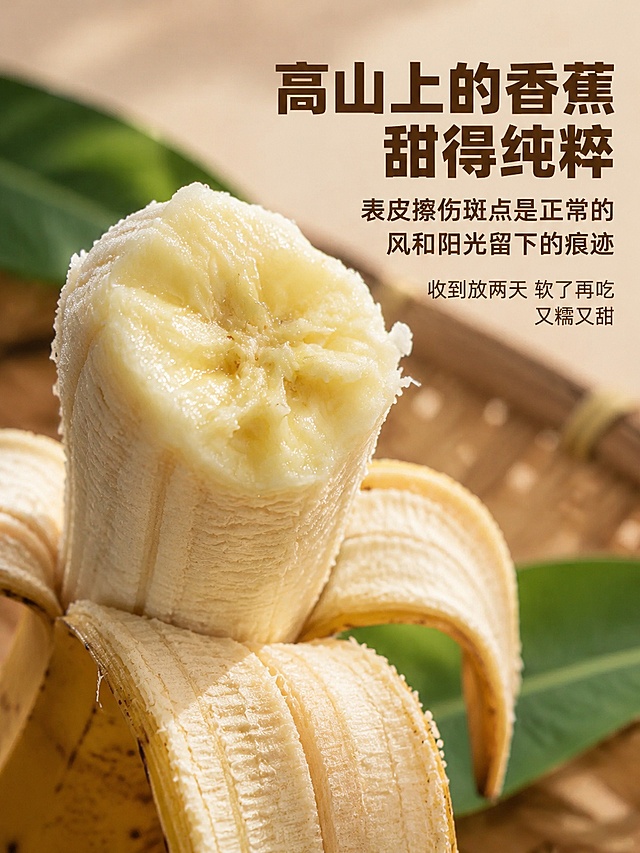 抖音电商主图第3张，农家实拍风格，预期管理果肉展示图。画面主体是剥开的高山香蕉特写，展示细腻软糯的奶白色果肉，果肉有自然的纹理和水润光泽，看起来香甜粉糯。香蕉表皮有少量自然斑点，体现真实状态。背景是浅景深的农家桌面或竹编垫子，有几片香蕉叶点缀，自然朴实。自然柔光照射，突出果肉的细腻质感。右侧或上方负空间排版文字：大标题"高山上的香蕉 甜得纯粹"用粗黑体大号深棕色字，副标题"表皮擦伤斑点是正常的 风和阳光留下的痕迹"用中号深棕色字，小字"收到放两天 软了再吃 又糯又甜"用小号深棕色字。文字清晰可读，不遮挡果肉主体。商品主体占比约60%，真实农家实拍感，超高清微距摄影质感。3:4竖版比例。