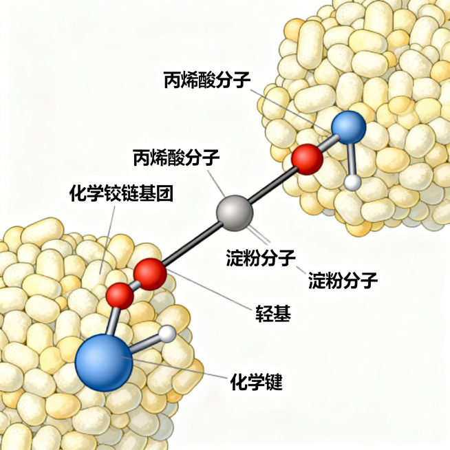 分子结构示意图，清晰展示丙烯酸分子通过化学铰链基团连接到淀粉分子的羟基上的化学键结构，画面为科学插画风格，背景为纯白色，分子结构标注清晰，配色简洁专业，符合化学学术绘图规范预览效果