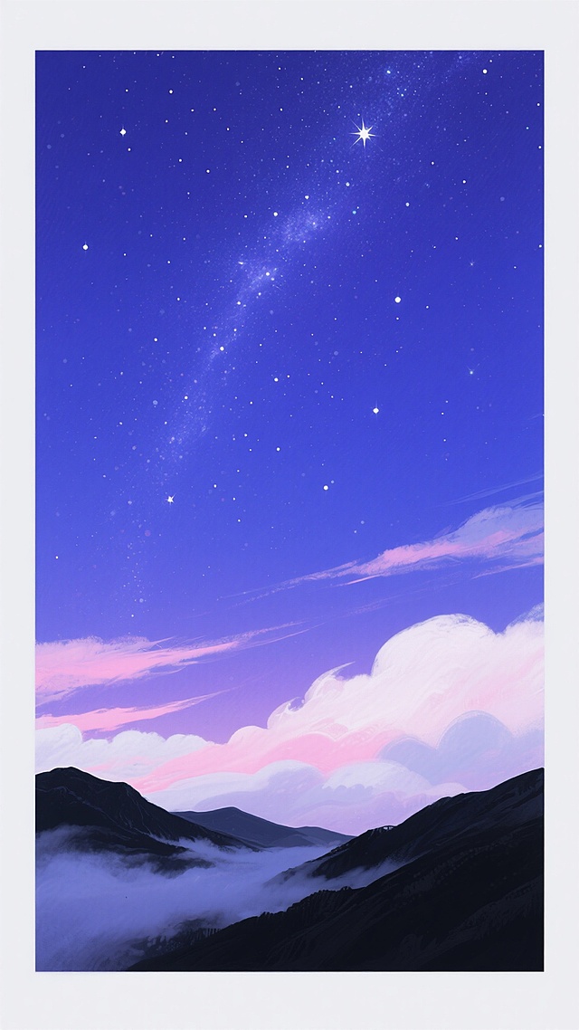 深邃的深蓝色夜空，从上至下渐变为明亮的蓝紫色调，布满了无数闪烁的白色星星，形成清晰可见的银河纹理，夜空底部点缀着几缕淡淡的粉色和白色云彩，下方是被柔和云雾环绕的黑色剪影山脉，整体画面呈现出宁静、梦幻、壮丽的自然景观氛围，具有平滑细腻的数字绘画质感和垂直构图。