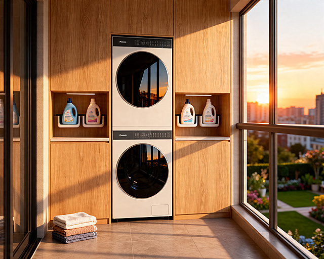 A cozy and bright laundry balcony at sunset. The washing and drying machine set from the reference image is stacked and integrated into a warm light oak wood cabinet. Next to the machines, there are neatly organized laundry detergent bottles in aesthetic dispensers. Large windows in the background showing a blurred city garden view. Soft golden hour sunlight, realistic fabric textures on a few folded towels nearby. Highly detailed, cozy atmosphere, shot on Sony A7R4, realistic reflections on the glass doors of the machines.